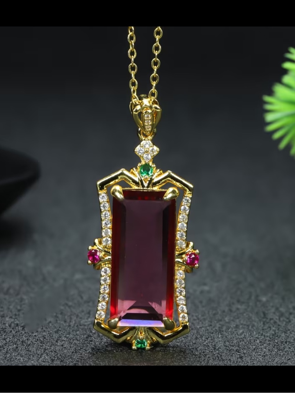 Red Rectangular Gem Court Scroll Necklace